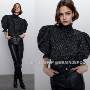 Zara Black Floral Puff-Sleeve High-Neck Blouse